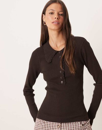 JDY JDY scallop trim knit polo in chocolate brown