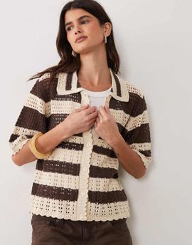 JDY JDY short sleeve crochet cardigan in brown stripes
