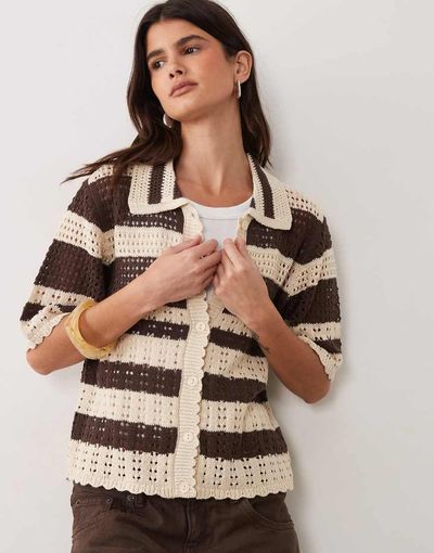 JDY JDY short sleeve crochet cardigan in brown stripes