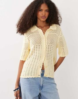 JDY JDY short sleeve crochet cardigan in pale yellow