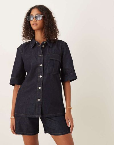 JDY JDY short sleeve shirt in dark blue denim - part of a set