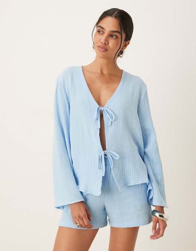JDY JDY tie front cheesecloth shirt in powder blue - part of a set