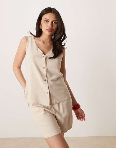 JDY JDY tie waist linen mix shorts in beige - part of a set-Neutral