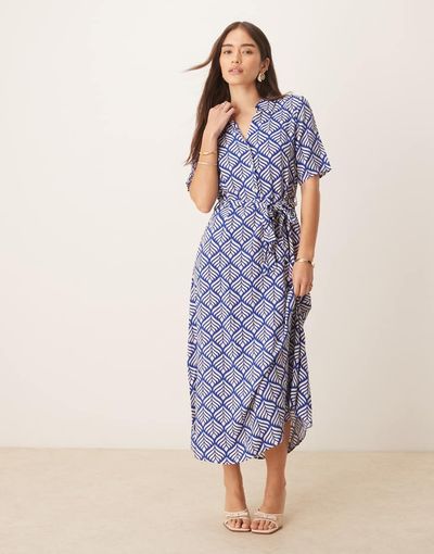 JDY JDY tie waist midi shirt dress in blue print