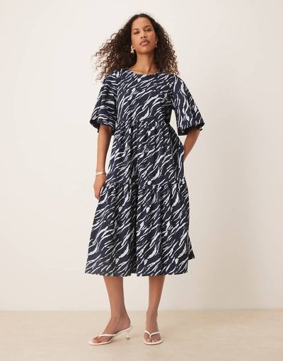 JDY JDY tiered short sleeve midi dress in navy zebra print