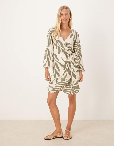 JDY JDY wrap kimono dress in beige with green palm print