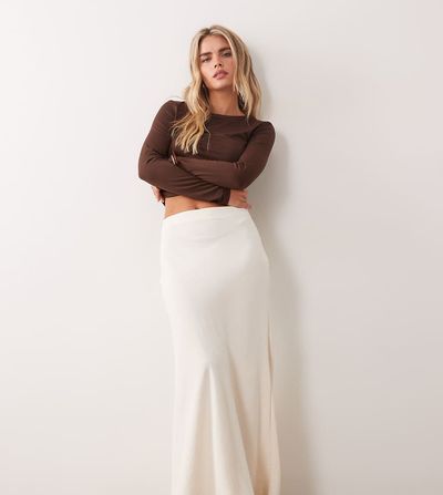 JDY Petite JDY Petite a-line satin maxi skirt in cream-White