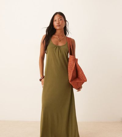 JDY Petite JDY Petite back tie maxi dress in olive green