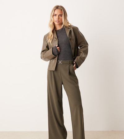 JDY Petite JDY Petite belt detail wide leg pants in khaki-Green