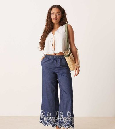 JDY Petite JDY Petite embroidery detail cropped pants in mid blue wash