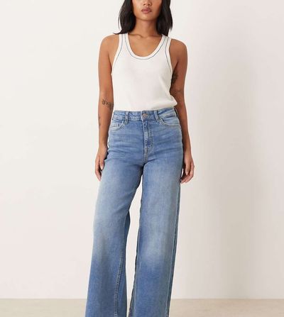 JDY Petite JDY Petite Felina high waist wide leg jeans in medium blue denim