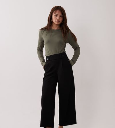 JDY Petite JDY Petite high rise wide fit tailored pants in black