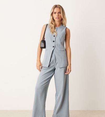 JDY Petite JDY Petite high waist pleated wide leg pants in dusty blue - part of a set