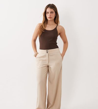 JDY Petite JDY Petite high waist wide leg pants in beige-Neutral