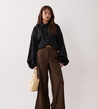 JDY Petite JDY Petite high waist wide leg pants in chocolate-Brown