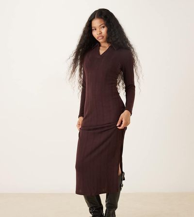 JDY Petite JDY Petite knit polo maxi dress in chocolate brown