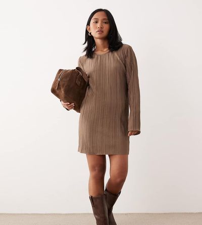 JDY Petite JDY Petite plisse fluted sleeves mini dress in light brown