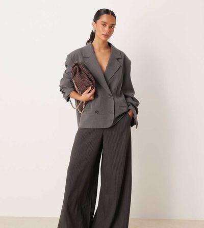 JDY Petite JDY Petite pull-on wide leg pants in charcoal pinstripe-Gray