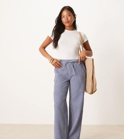 JDY Petite JDY Petite seersucker wide leg pants in blue gingham