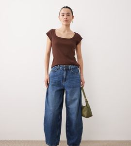 JDY Petite JDY Petite Susie mid waist barrel leg jeans in mid blue