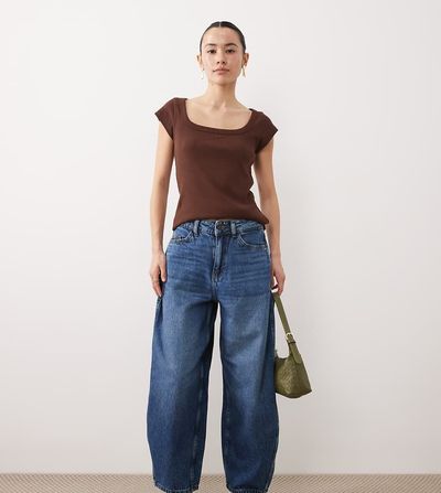 JDY Petite JDY Petite Susie mid waist barrel leg jeans in mid blue