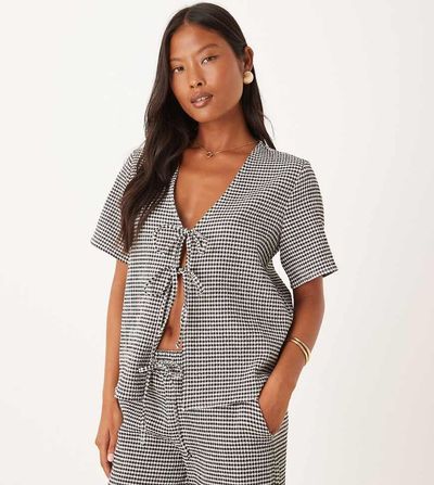 JDY Petite JDY Petite tie front seersucker top in black gingham - part of a set