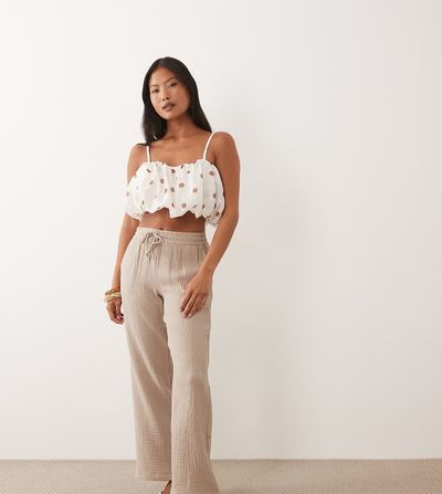 JDY Petite JDY Petite wide leg cheesecloth pants in beige-Neutral
