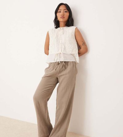 JDY Petite JDY Petite wide leg cheesecloth pants in brown