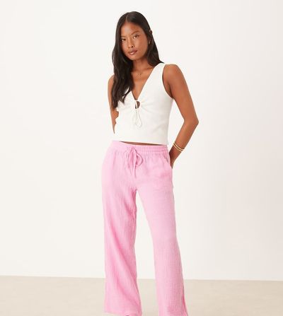 JDY Petite JDY Petite wide leg cheesecloth pants in pink