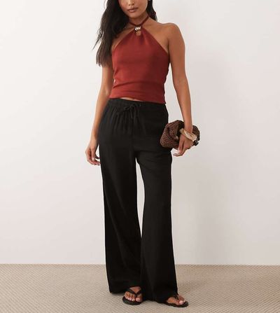 JDY Petite JDY Petite wide leg linen blend pants in black