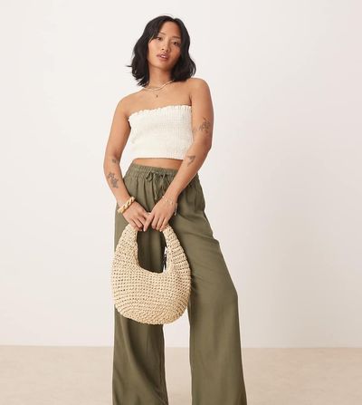 JDY Petite JDY Petite wide leg linen pants in khaki-Green