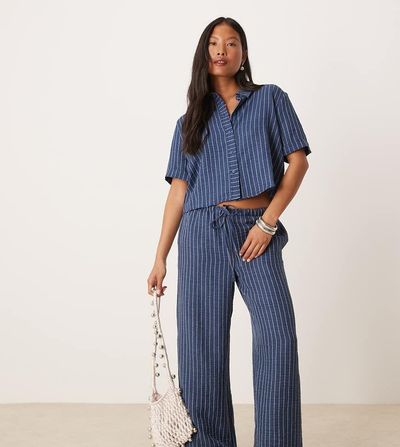 JDY Petite JDY Petite wide leg pants in dark blue stripes - part of a set