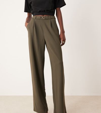 JDY Tall JDY Tall belt detail wide leg pants in khaki green