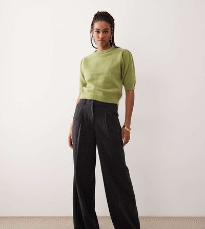 JDY Tall JDY Tall high waist wide leg textured tailored pants in dark gray
