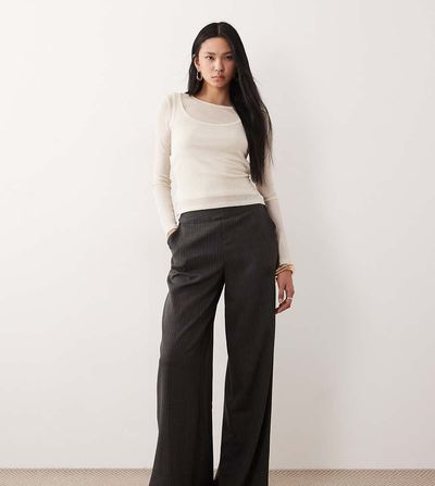JDY Tall JDY Tall pull on wide leg pants in charcoal pinstripes-Gray