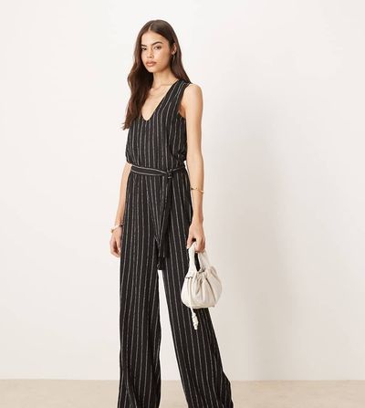JDY Tall JDY Tall tie waist jumpsuit in black & white pinstripe