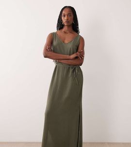 JDY Tall JDY Tall tie waist linen blend maxi dress in khaki-Green