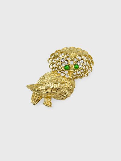 Jean Paul Clarisse Platinum-Plated Austrian Crystal Emerald Owl Brooch [SILVER] (JS-22-017BR)