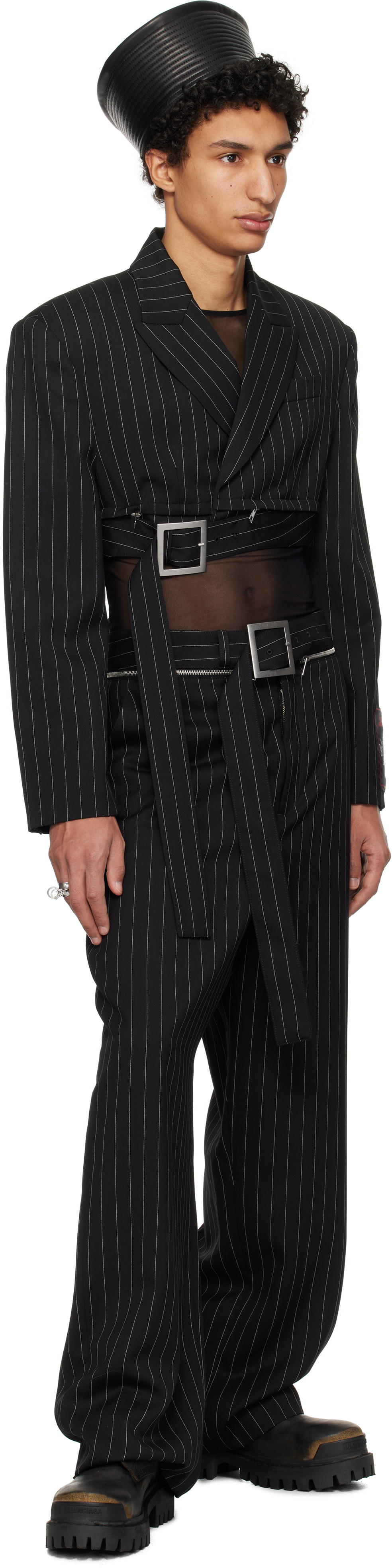 Jean Paul Gaultier - Black Pinstripe Wool Cropped Tailored Blazer