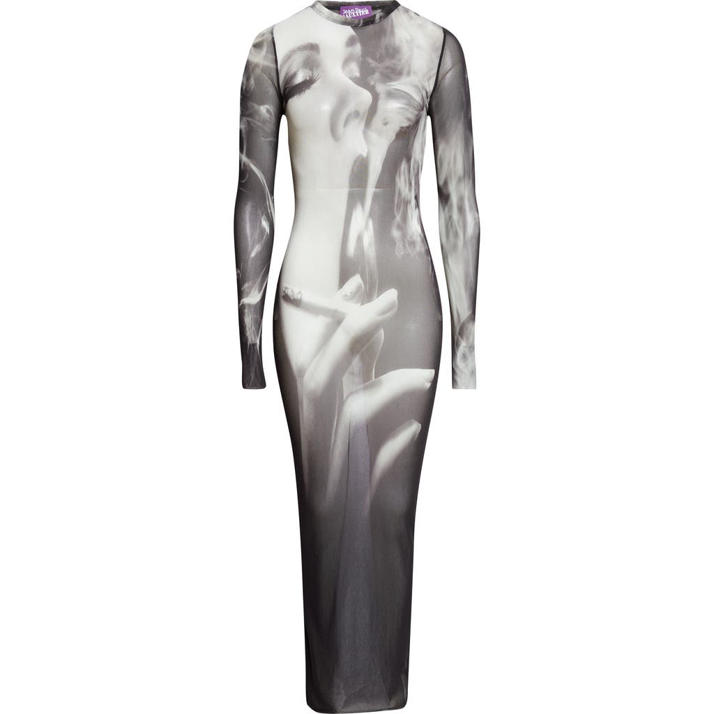 Jean Paul Gaultier Jean Paul Gaultier Smoking Graphic Long Sleeve Mesh Body-Con Dress