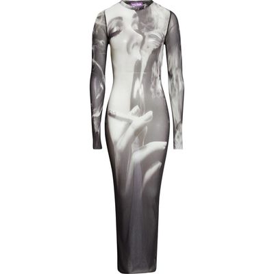 Jean Paul Gaultier Jean Paul Gaultier Smoking Graphic Long Sleeve Mesh Body-Con Dress