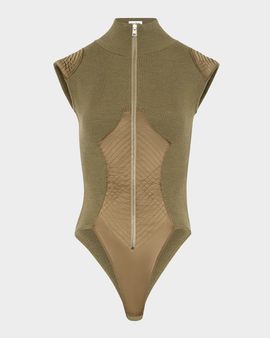 Jean Paul Gaultier Merino Wool Rib Cap-Sleeve Zip Bodysuit