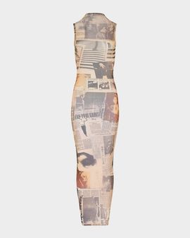 Jean Paul Gaultier Newspaper-Print Mesh High-Neck Sleeveless Maxi Dress