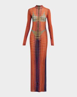 Jean Paul Gaultier Re-Edition Polka-Dot Trompe L & apos;oeil Mesh Long-Sleeve Maxi Dress
