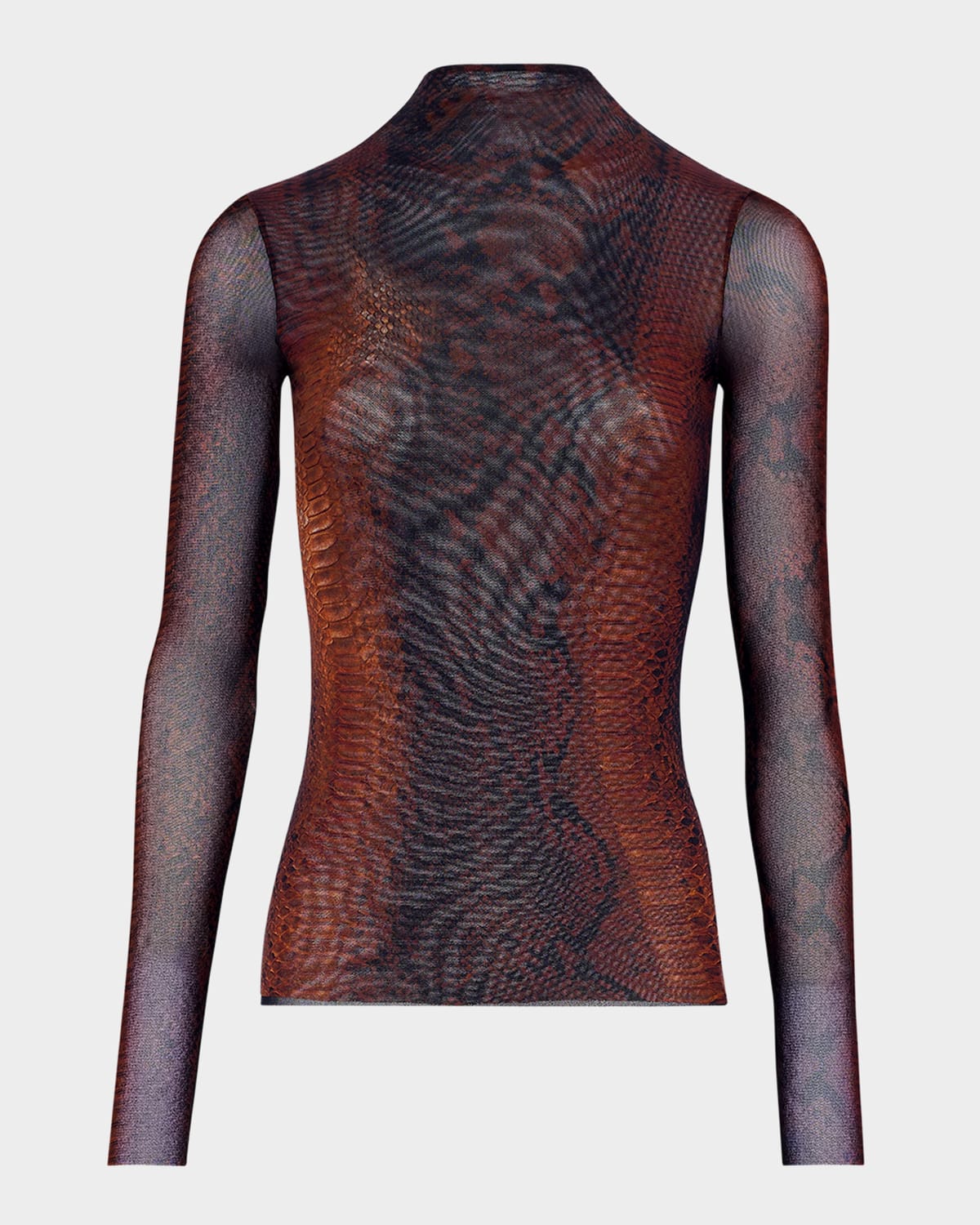 Jean Paul Gaultier Snakeskin-Print Mesh High-Neck Long-Sleeve Top