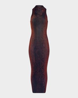 Jean Paul Gaultier Snakeskin-Print Mesh High-Neck Sleeveless Maxi Dress