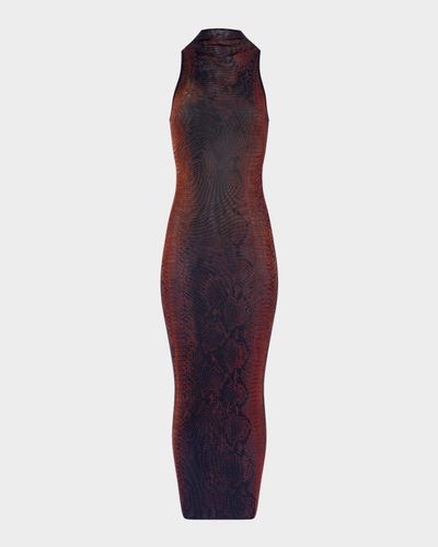 Jean Paul Gaultier Snakeskin-Print Mesh High-Neck Sleeveless Maxi Dress