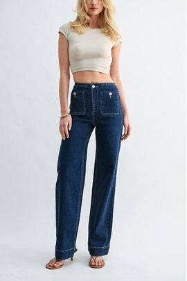 Jemina Denim Jemina Denim High Rise Patch Pocket Straight Leg Jeans in Indigo, Women's at Urban Outfitters