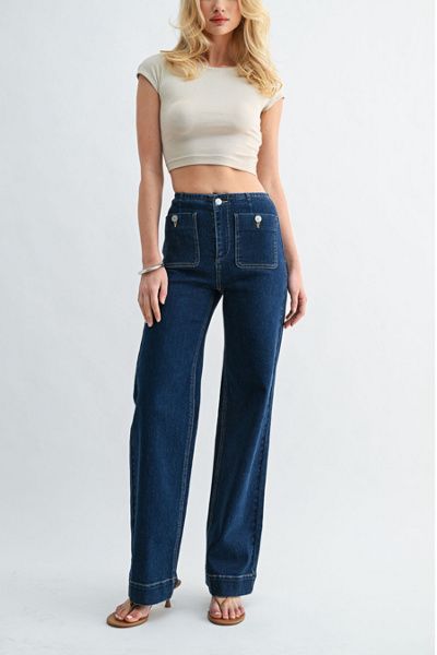 Jemina Denim Jemina Denim High Rise Patch Pocket Straight Leg Jeans in Indigo, Women's at Urban Outfitters