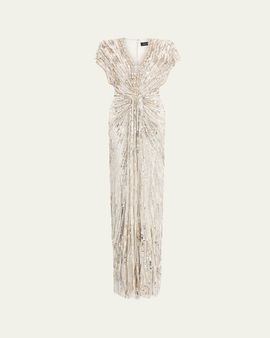 Jenny Packham Lacie V-Neck Cap-Sleeve Beaded Gown